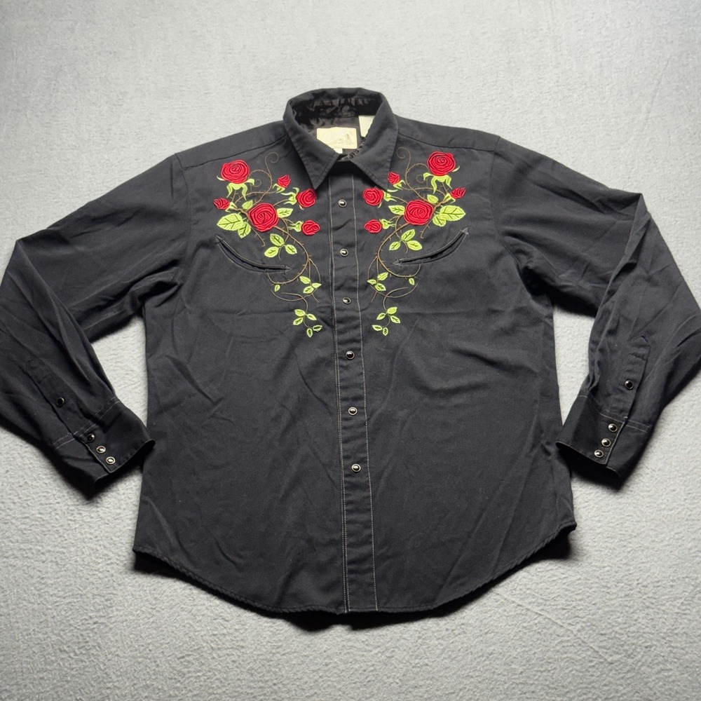 Roper Western Pearl Snap Shirt Mens Large Black Rose Floral Embroidered Cowboy